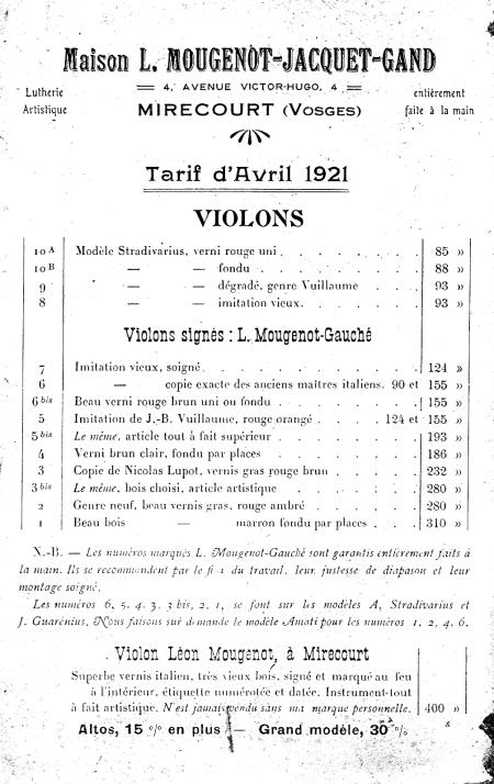 Catalogue 1921 de Lon Mougenot, luthier  Mirecourt.