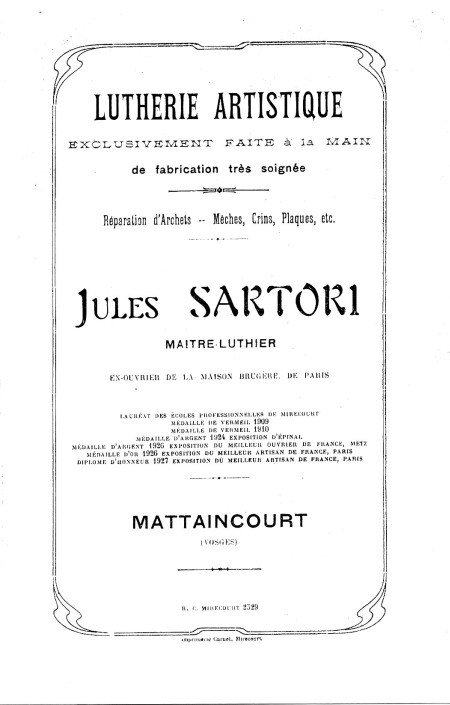 Catalogue 1927 du luthier Jules Sartori  Mattaincourt.