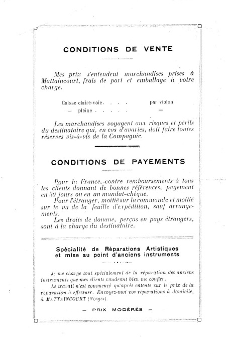 Catalogue 1927 du luthier Jules Sartori  Mattaincourt.