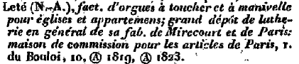 Publicité pour Lété facteur d'orgues dans l'almancach d 1829.