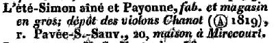 Publicité pour Lété-Simon et Payonne, 1823.