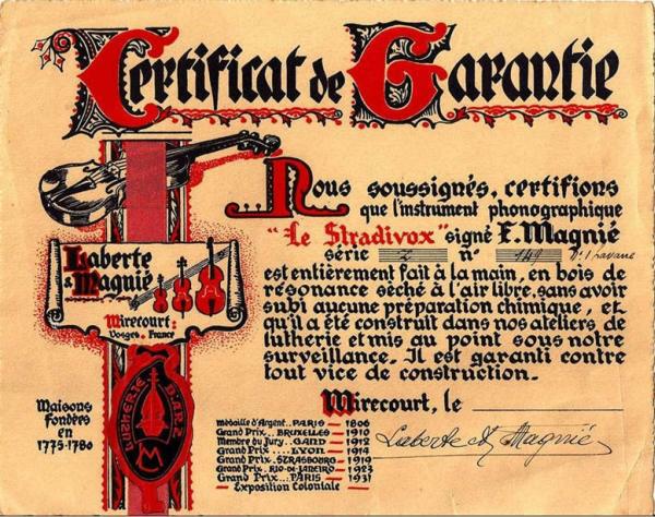 Certificat pour un phonographe Stradivox.