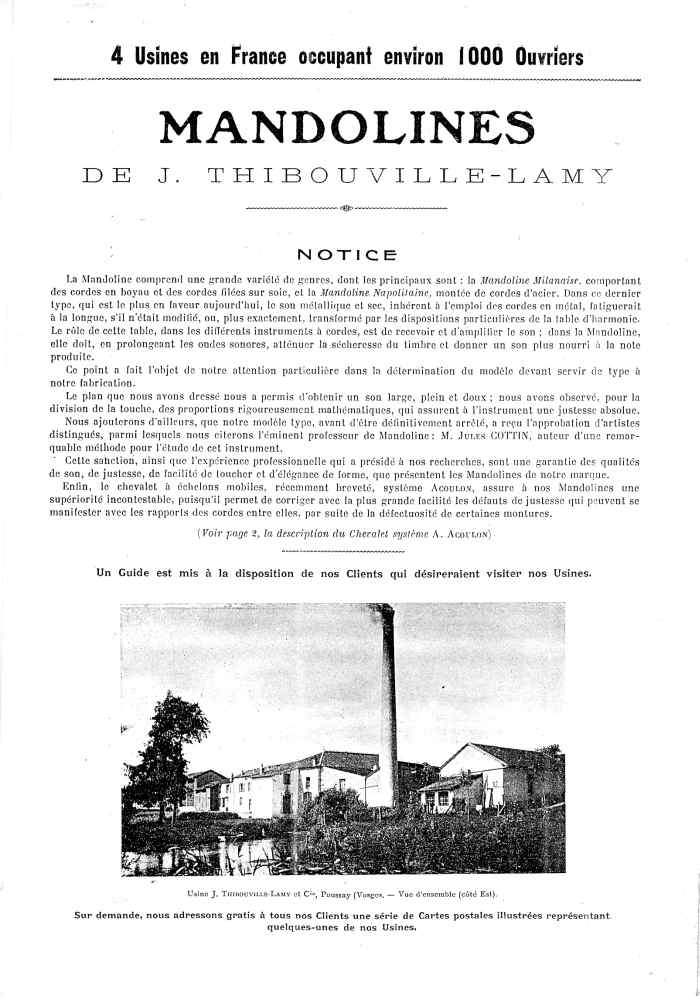 Catalogue 1907 de la maison de lutherie Jrme Thibouville-Lamy  Mirecourt, concernat les mandolines.