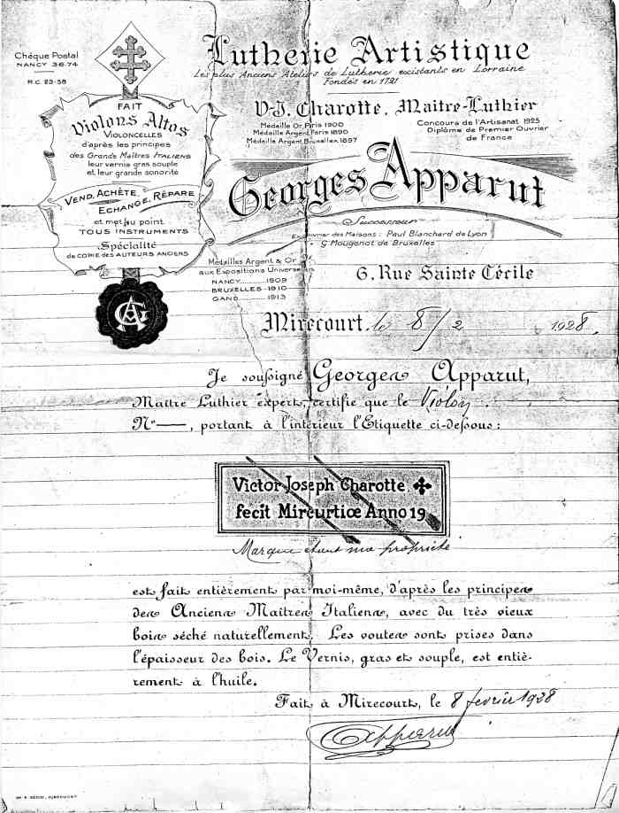 Certificat Georges Apparut  Mirecourt.