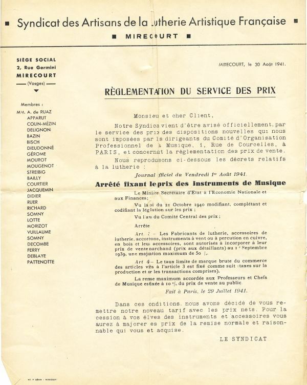 Rglementation du syndicat de la lutherie artistique, 1941.