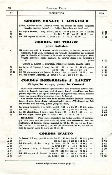 Catalogue de la maison de lutherie Lavest  Montluon en 1932.