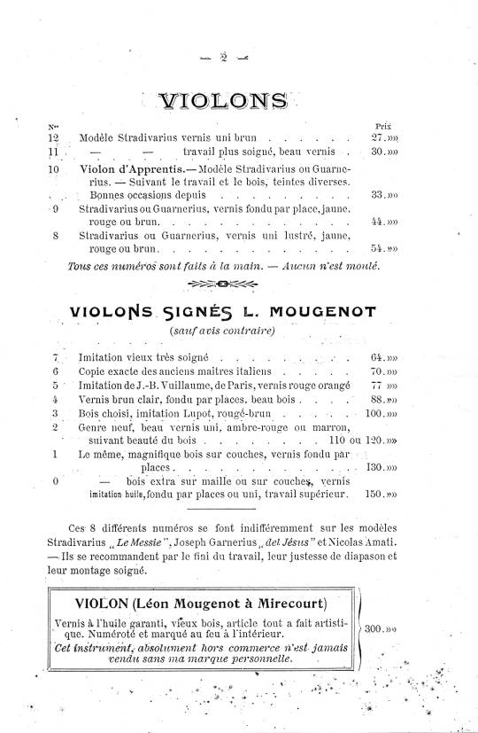 Catalogue de Lon Mougenot, luthier  Mirecourt.