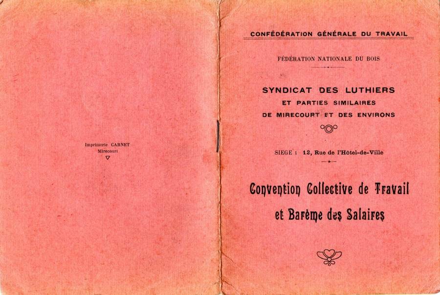Convention collective du travail adopte par le syndicat des luthiers de Mirecourt en 1936.