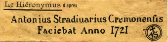 Etiquette "Le Hironymus' d'aprs Stradivarius de chez Thibouville  Mirecourt.