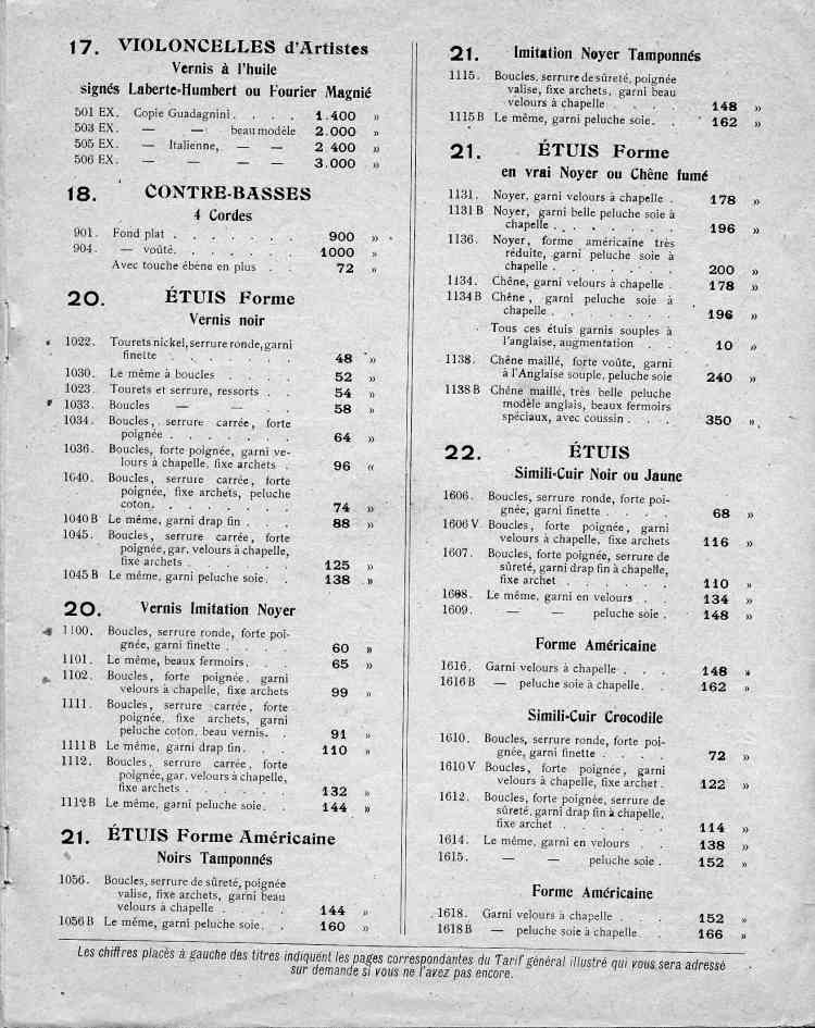 Catalogue de le maison de lutherie Laberte et Magni, tarif de1925.