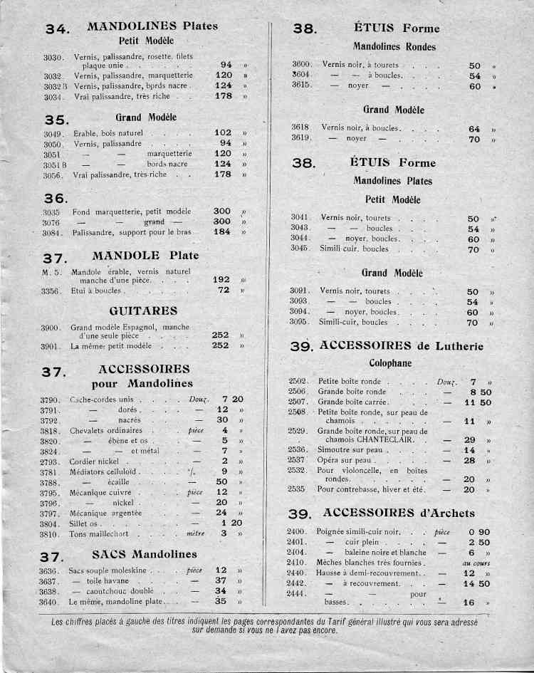 Catalogue de le maison de lutherie Laberte et Magni, tarif de1925.