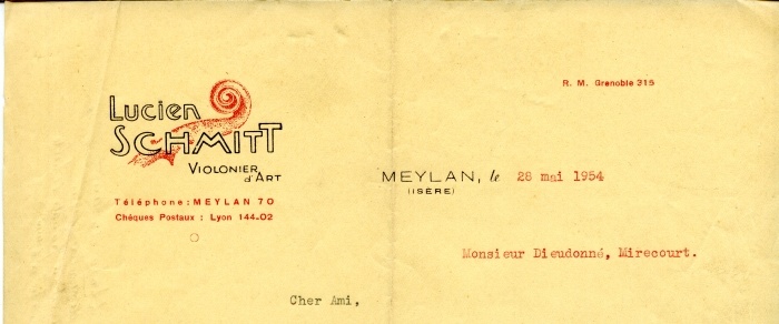 En tte de lettre et signature de Schmitt Lucien 1954.