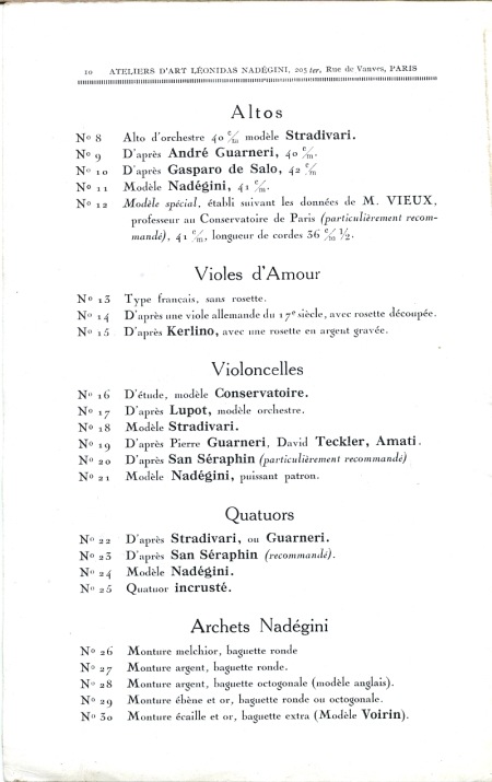 Catalogue de lonidas Nadgini, luthier  Paris.