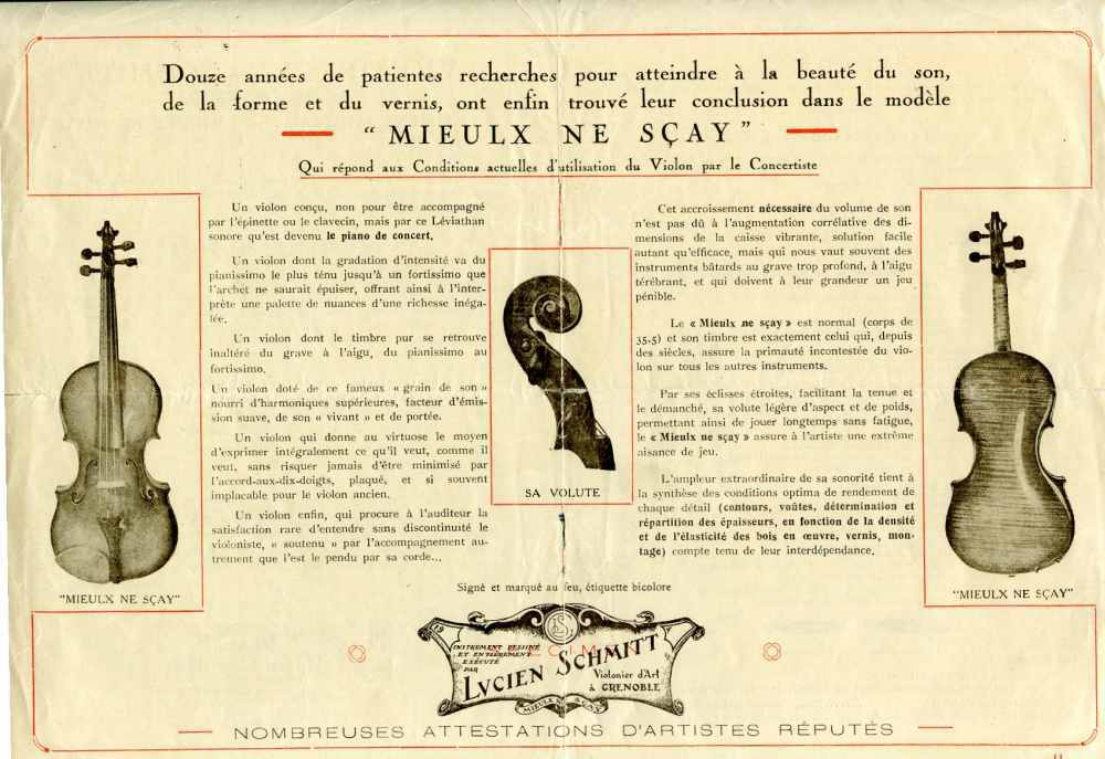 Publicit pour les violons "Mieulx ne scay" de Lucien Schmitt.